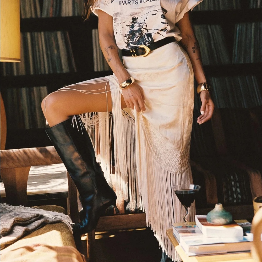 12th Tribe Cream Asymmetrical Fringe Midi Skirt